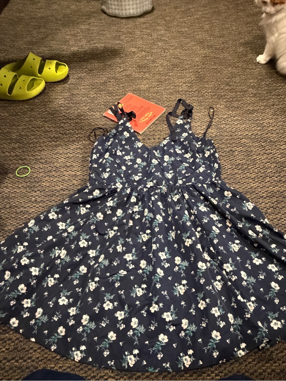 Woman’s Navy Floral Dress with Ribbon Straps